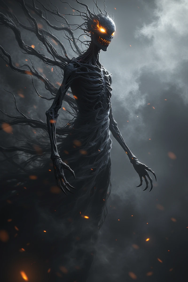 anhei,This is a highly detailed digital artwork in a dark fantasy style,ethereal figure emerging from a dark, misty environment. The figure is tall and slender, with an elongated, skeletal frame. Its body is composed of twisted, sinuous black tendrils that snake and coil around one another, giving the impression of a living, organic mass. The face is hidden, but the eyes glow a fiery, menacing orange, piercing through the darkness. The figure's hands are claw-****, with long, bony fingers reaching out into the mist.The background is a swirling, dark gray mist with faint, glowing tendrils of light weaving through it, creating a sense of movement and chaos. Small, glowing embers and sparks float through the air, adding to the eerie atmosphere. The overall color palette is dominated by dark grays and blacks, with subtle hints of orange and yellow from the glowing eyes and embers. The texture of the painting is highly detailed, with intricate patterns and shadows that enhance the ominous and haunting quality of the scene. The style is reminiscent of dark fantasy or horror art, with a focus on creating a sense of otherworldly, nightmarish dread.