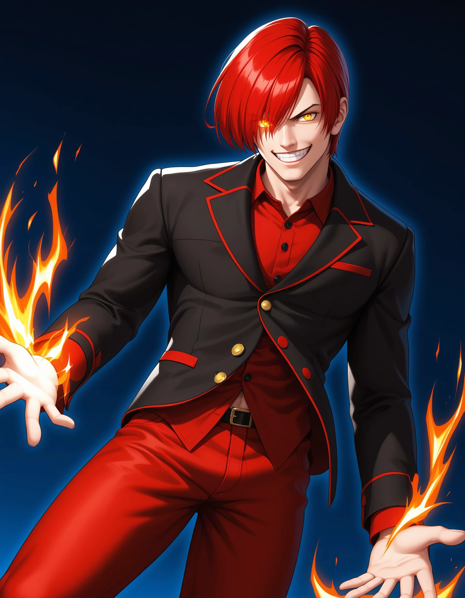 (masterpiece), best quality, expressive eyes, perfect face, iorikof, solo, smile, 1boy, yellow eyes, male focus, red hair, teeth, pants, hair over one eye, grin, glowing,  evil smile, glowing eye, red pants, evil grin, <lora:fd69ca1b-ce37-4e50-ba07-8d05b6cf87a1:0.7>