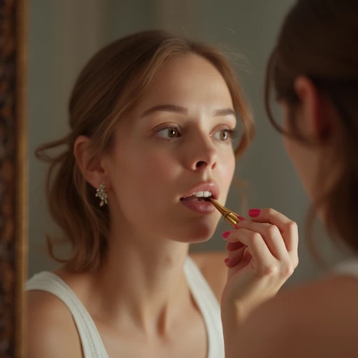 Over the shoulder shot of a woman applying her lipstick in the mirror