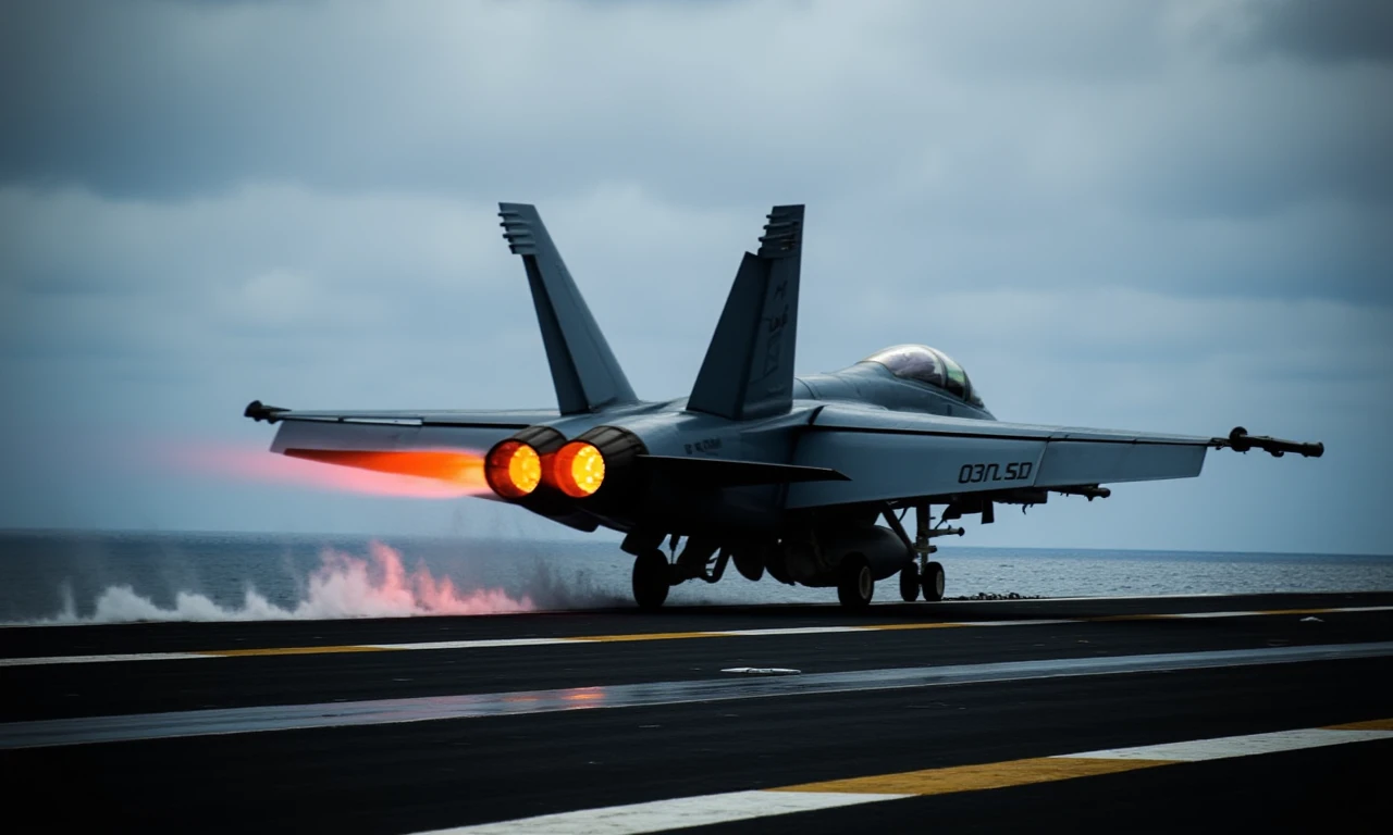 This photograph captures a dramatic moment on the deck of an aircraft carrier at sea. The central subject is a  F/A-18 Hornet, with its engines roaring, creating a bright orange glow that contrasts sharply with the dark, overcast sky. The jet is positioned slightly off-center to the right, with its tail section and twin engines visible. The aircraft's landing gear is down, and a plume of white smoke is visible as it accelerates down on the deck. The jet's fuselage is painted in a dark, matte grey color, and the number "011" is visible on the side.The deck itself is a vast, dark expanse of concrete, marked with yellow and white lines indicating the runway and safety zones. The surface is wet, with water droplets visible, likely from the recent landing or from sea spray. The horizon is blurred due to the motion of the aircraft carrier, and the ocean stretches out to the left, with the sky above appearing heavy with clouds. The overall scene is one of dynamic movement and intense focus, capturing the essence of military aviation and the operational environment of a naval carrier. <lora:Nimitz Class Operations- Flux1.D:1>