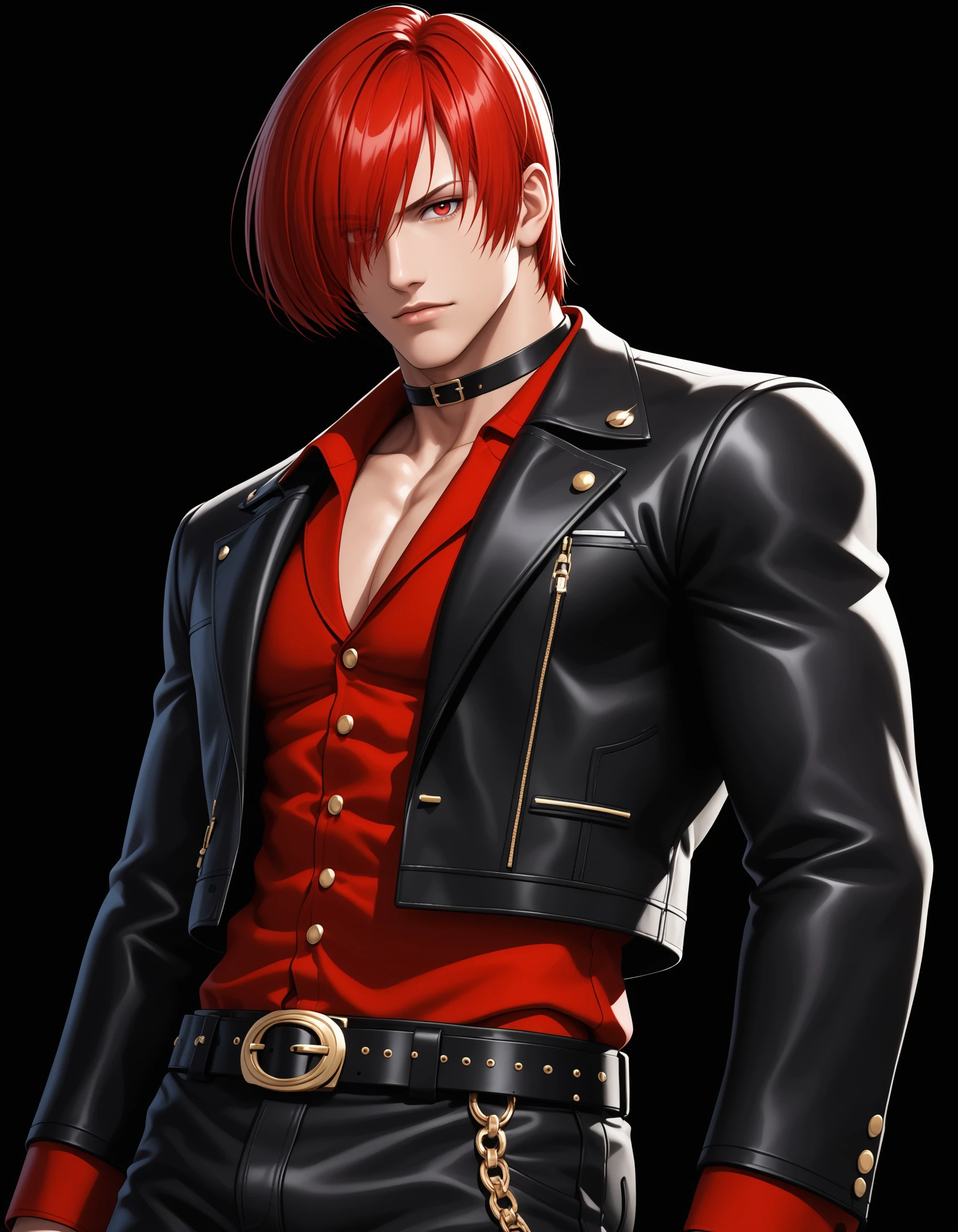 (masterpiece), best quality, expressive eyes, perfect face, iorikof, solo, looking at viewer, simple background, red eyes, long sleeves, 1boy, jewelry, jacket, male focus, red hair, choker, belt, pants, hair over one eye, black jacket, ring, pectorals, black background, pectoral cleavage, <lora:fd69ca1b-ce37-4e50-ba07-8d05b6cf87a1:0.7>
