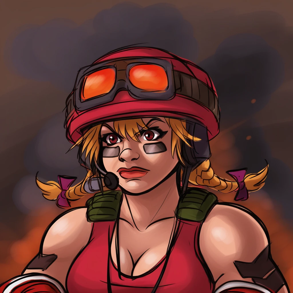 Sgt.Hammer,1girl,solo,large breast,brown eyes, biceps,gloves,goggles,helmet,red tank top,blonde hair, two braids,tattoo,cleavage,dog tags,green pants,belt,headset,camouflage pants,combat boots,goggles on head,red gloves,eye black,siege tank,