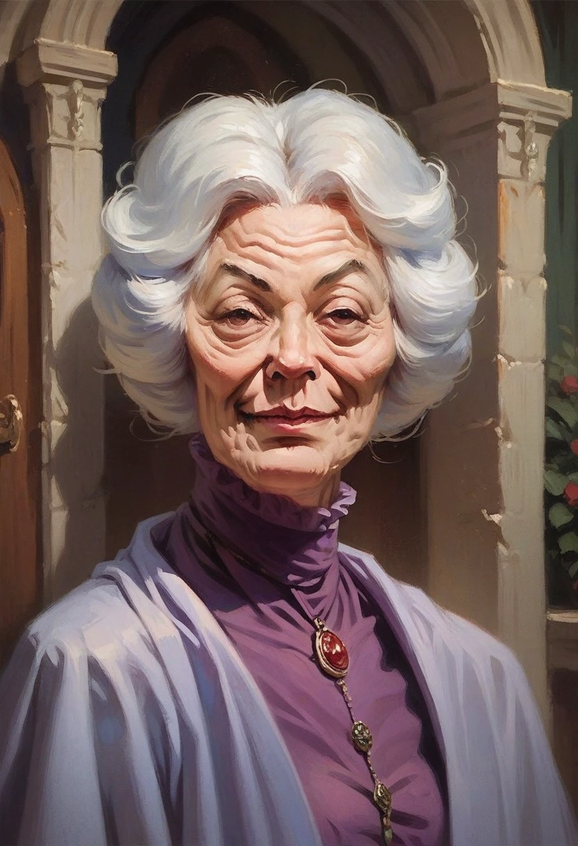 Score_9_up, score_8_up, score_7_up, score_6_up, 1girl, solo, agatha_H, old woman, white hair, purple dress, standing in an old mansion, sly smile, portrait, (realistic), (painted art)