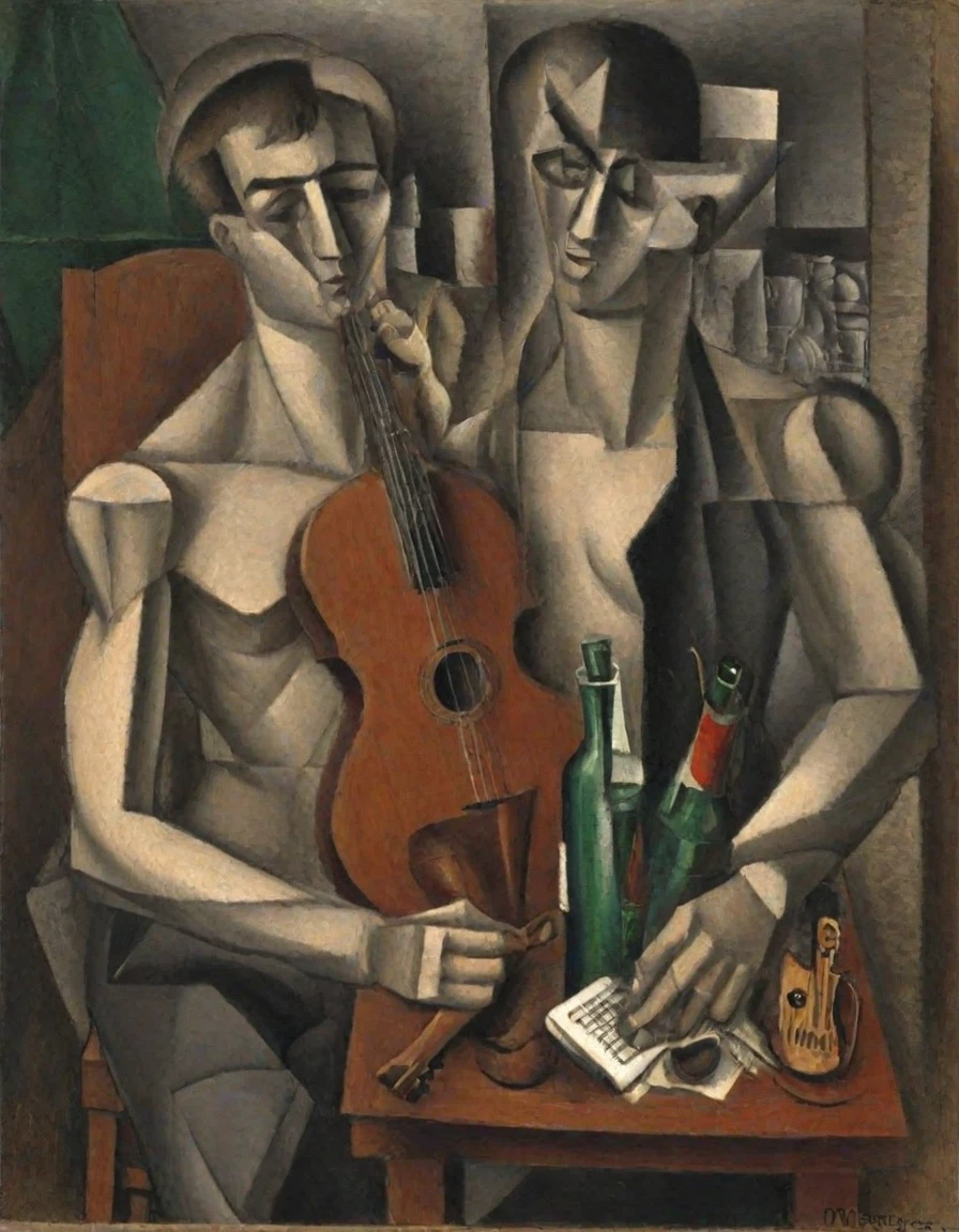 2men, playing instrument, rose, bottle, <lora:Jean_Metzinger_Style:1.0>metzinger