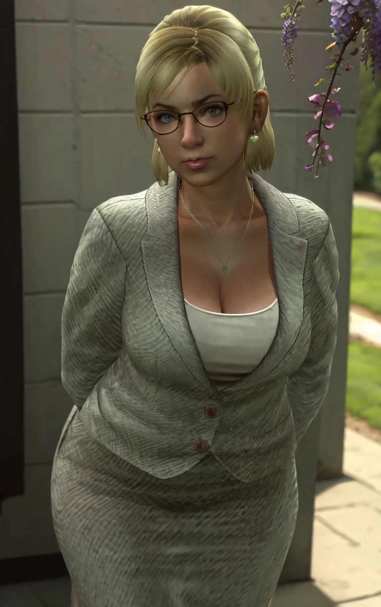 (masterpiece, best quality:1.4), insaneres, absurdres, solo, looking at viewer,BREAK 
Human_JessicaMcCarney_ownwaifu, 
1girl, black-framed eyewear, blonde hair, earrings, short hair, jewelry, glasses, lips, necklace, blue eyes, large breasts, nose, makeup, collarbone, white shirt,
cleavage, formal, skirt suit, suit, pencil skirt, long sleeves, office lady, shirt, striped, grey jacket, 
(leaning forward, arms behind back), cowboy shot, garden, wisteria, outdoors, <lora:BASED_DeadRising_JessicaMcCarney_ownwaifu:0.85> , depth of field