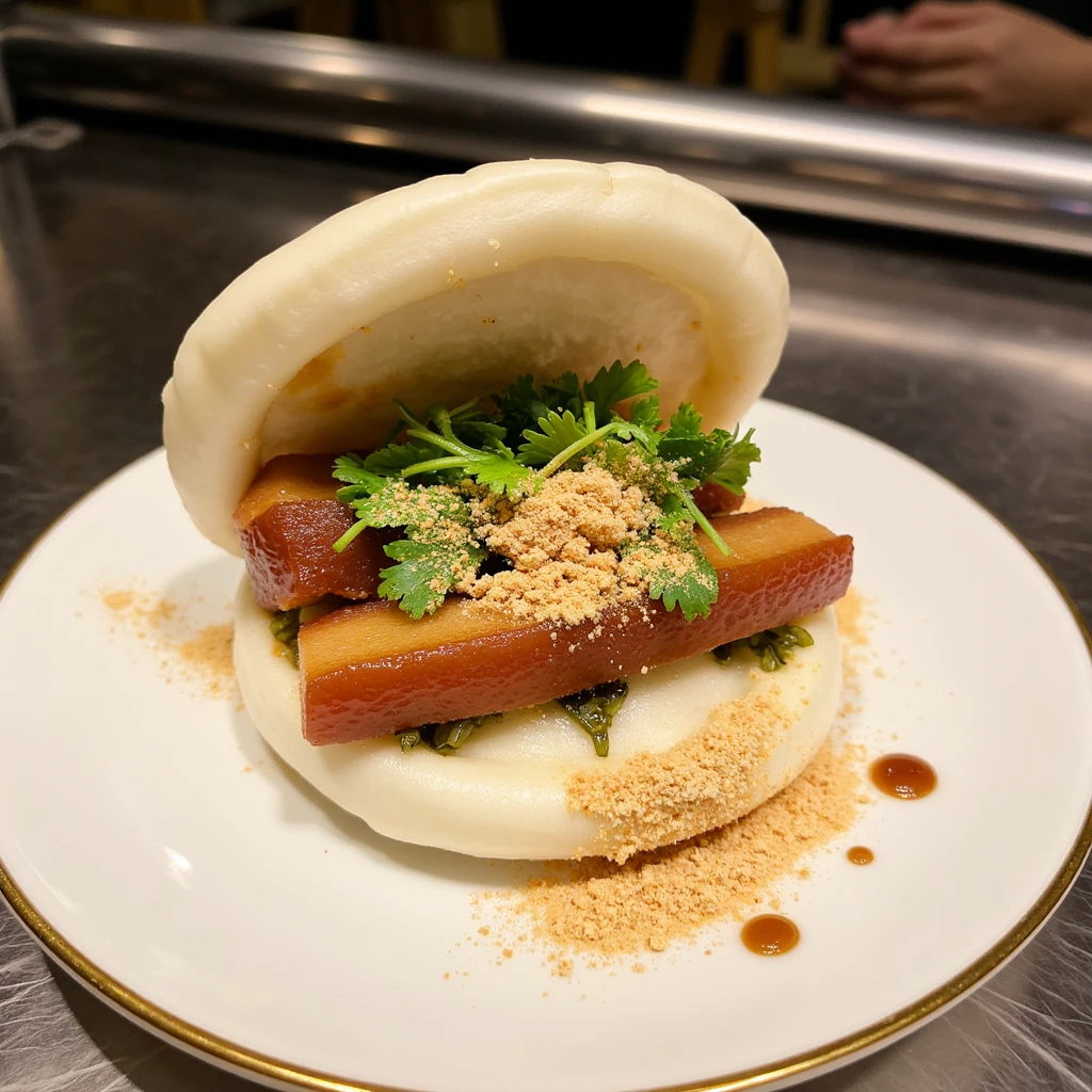 Close-up of a gourmet reinterpretation of Taiwanese gua bao, presented on an elegant white porcelain plate with gold trim, the steamed bun sliced open to showcase its filling, arranged artfully with classic san-layer pork belly (三層肉) visible, thin slices of braised pork arranged in a fan pattern, sprinkled with fine peanut powder and microgreens, a small quenelle of pickled mustard greens on the side, dots of hoisin sauce decorating the plate, soft lighting highlighting the dish's textures, the plate sitting on a mirrored surface in a high-end restaurant display case, blurred background suggesting a luxurious dining environment, high-resolution image capturing the refined presentation and the contrast between traditional ingredients and modern culinary aesthetics