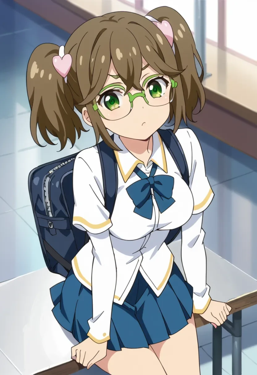 score_9, score_8_up, score_7_up, score_6_up,
source_anime, masterpiece, anime screencap,

1girl, solo,

Sakura Meifon, high twintails, green eyes, brown hair, twintails, green-framed eyewear, glasses, school uniform,

