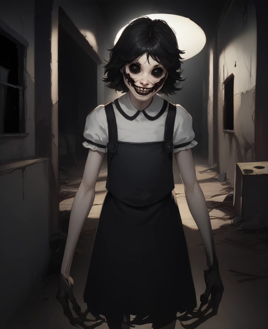 score_9,score_8_up,score_7_up,score_6_up,
agathaxl,black hair,black eyes,smile,
pinafore dress, black claws, 
standing,
abandoned school,dark corners,night,indoors,
<lora:agathaxl:1>,