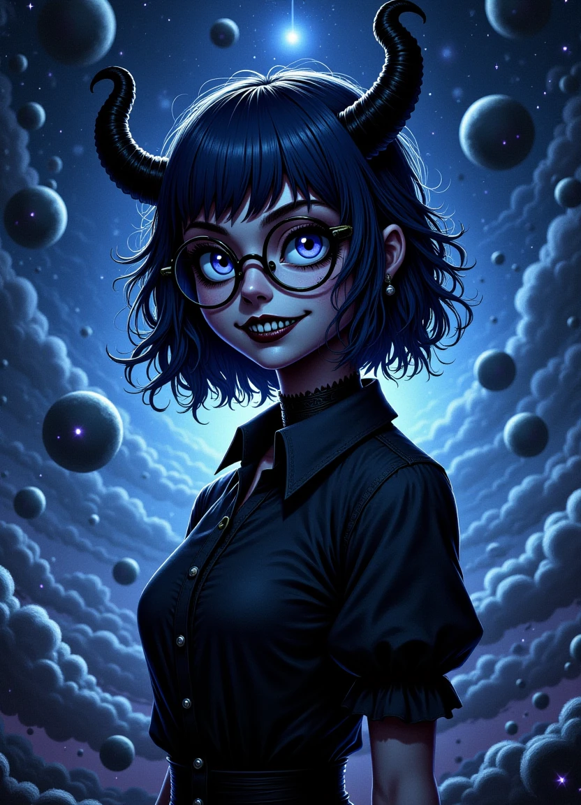 young woman with short wavy midnight blue hair wearing glasses and having sharp teeth and pair of horns standing amidst a dark and eerie backdrop of floating celestial bodies surrounded by cosmic dust in an astral plane that stretches to the horizon.