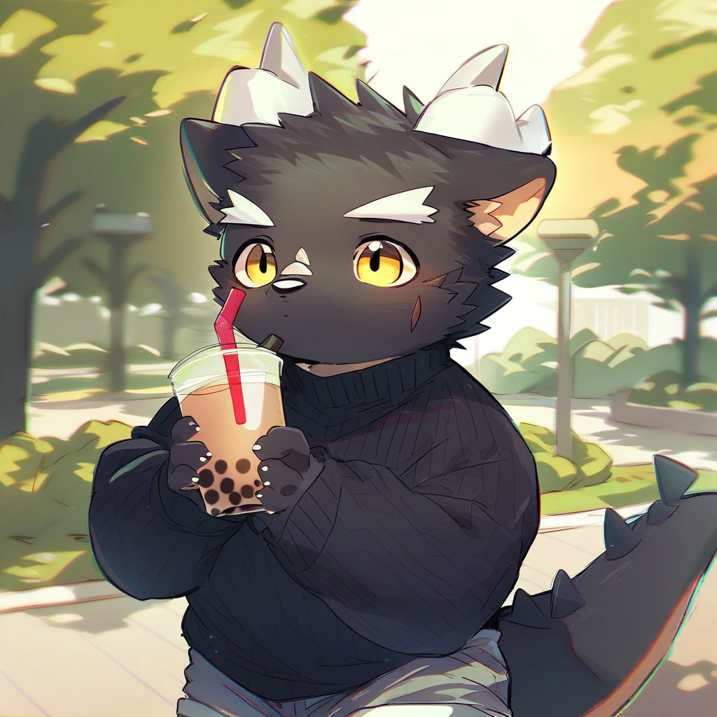 score_9_up, score_8_up, score_7_up, source_furry, mikus-style, black dragon, black body, white horns, yellow eyes, park, holding, bubble tea, black sweater, gray shorts, 1boy, solo