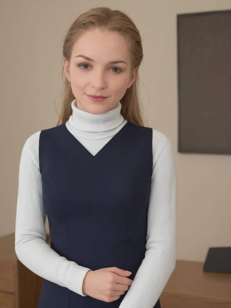 a professional absurdres sharp focus intricately detailed full torso photograph of the beautiful young woman Sonja_Richter, with a knowing grin, 
lace and knit (turtleneck:1.1)
1920s business office clothing in a 1990s office environment,
 <lora:Sonja_Richter-SDXLe15:1>