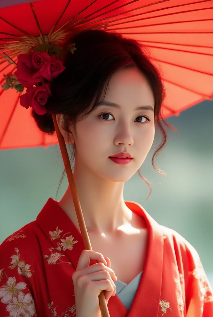 masterpiece, best quality,   <lora:Kim_Sohyun_Flux:1> $0hyun, a korean woman in a kimono holding a red umbrella and wearing a flower in her hair and a red flower in her hair, Fan Qi, highly detailed digital painting, a photorealistic painting, cloisonnism