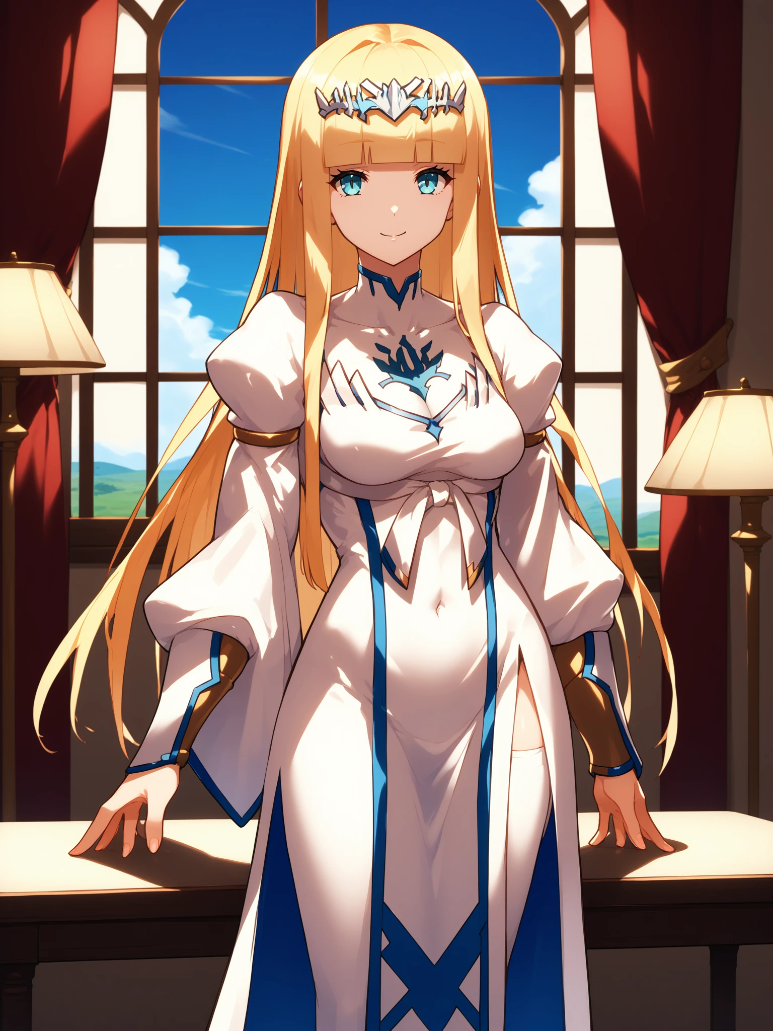 score_9, score_8_up, score_7_up, white_dress_white_legwear, Calca_Bessarez, medium_breasts, looking_at_viewer, solo, closed_mouth, smile, absurdly_long_hair, tareme, princess, tiara, juliet_sleeves, wide_sleeves, white_vambraces, tied_dress, taut_clothes, long_sleeves, covered_navel, blue_body_curtain, side_slit, hand_on_own_hip, standing, indoors, table, hand_support, table_lamp, red_curtains, window, blue_sky, day, cloudy_sky, <lora:Calca_Bessarez_V1(SDXL)_2:0.8> blue_eyes, blonde_hair, blunt_bangs,