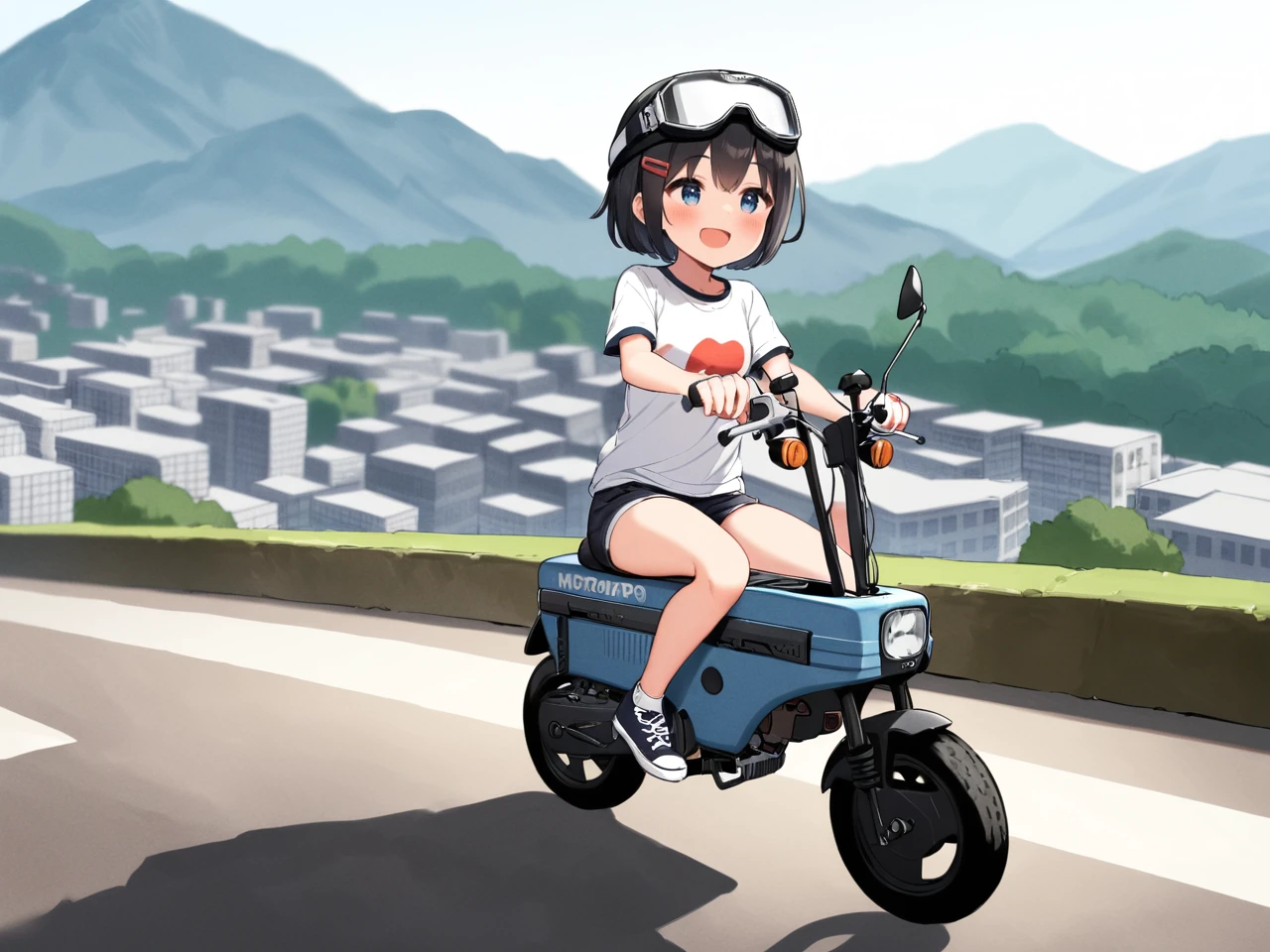 best quality, very aesthetic, absurdres, high resolution, ultra detailed, detail,
1girl, young girl, round face, down-turned eyes, very short hair, small breast, hair clip on front, smile,
black helmet with goggle, white graphic t-shirt, short pants, socks, shoes, random pose, 
riding blue body motocompo,
outdoors, road, urban city,
shot from afar, wide shot,
mas motocompo, <lora:motocompo_red_anmg31_sdxl_r2:1>,