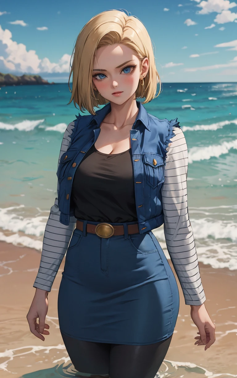 (masterpiece, best quality:1.4), insaneres, absurdres, solo, looking at viewer,BREAK 
MainOutfit_Android18_ownwaifu, android 18, 
1girl, blonde hair, blue eyes, eyelashes, forehead, short hair, earrings, jewelry, collarbone, breasts, medium breasts, straight hair,
denim jacket, long sleeves, blue jacket, vest, striped sleeves, blue skirt, belt, denim skirt, black shirt, black pantyhose, torn sleeves, brown belt, striped, pencil skirt, cleavage, pants, sleeveless jacket,
(wading, beach), head tilt, sidelighting, ocean, sky, water, caustics, cowboy shot, <lora:ANIME_DragonBall_Android18_ownwaifu:0.8> , depth of field, solo,