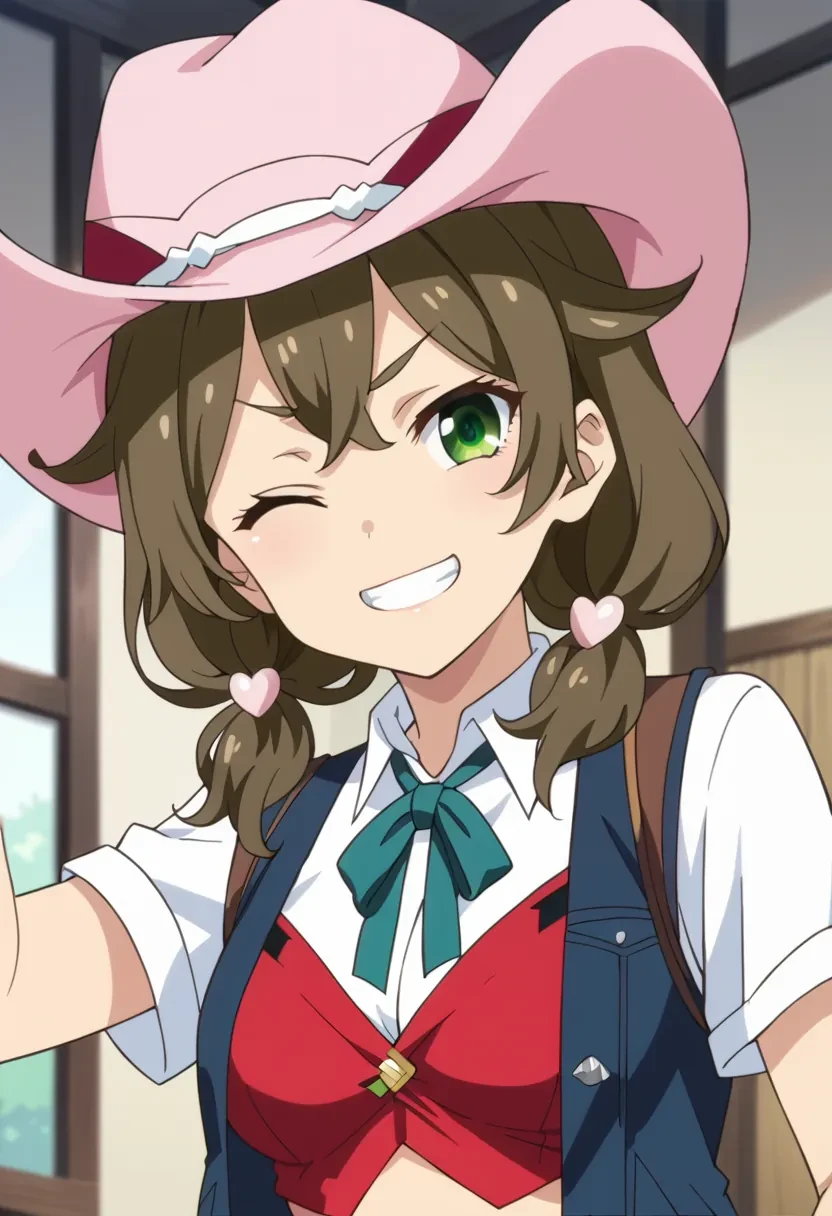 score_9, score_8_up, score_7_up, score_6_up,
source_anime, masterpiece, anime screencap,

1girl, solo,

Sakura Meifon, low twintails, green eyes, brown hair, cowboy hat, vest

grin, one eye closed,