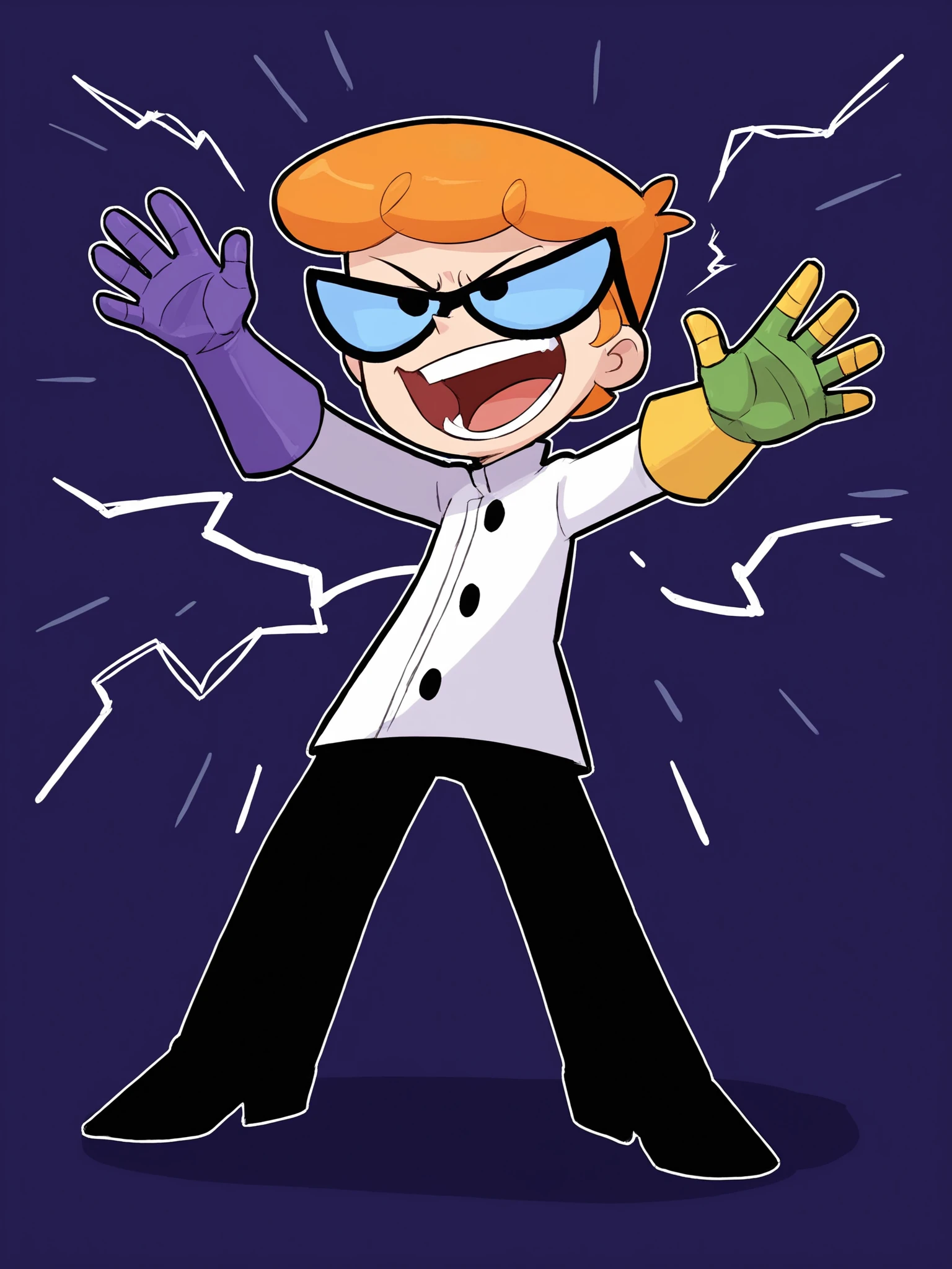 score 7 up,score 8 up score 9 ,1boy,<lora:dexter:0.8>,solo,lab coat,purple_elbow gloves,eyewear,orange hair,dexter,black pants,<lora:DynamicPose:1.5>,dynamic pose,single mechanical arm, arm up,lightning,dark background,laugh,angry, standing,