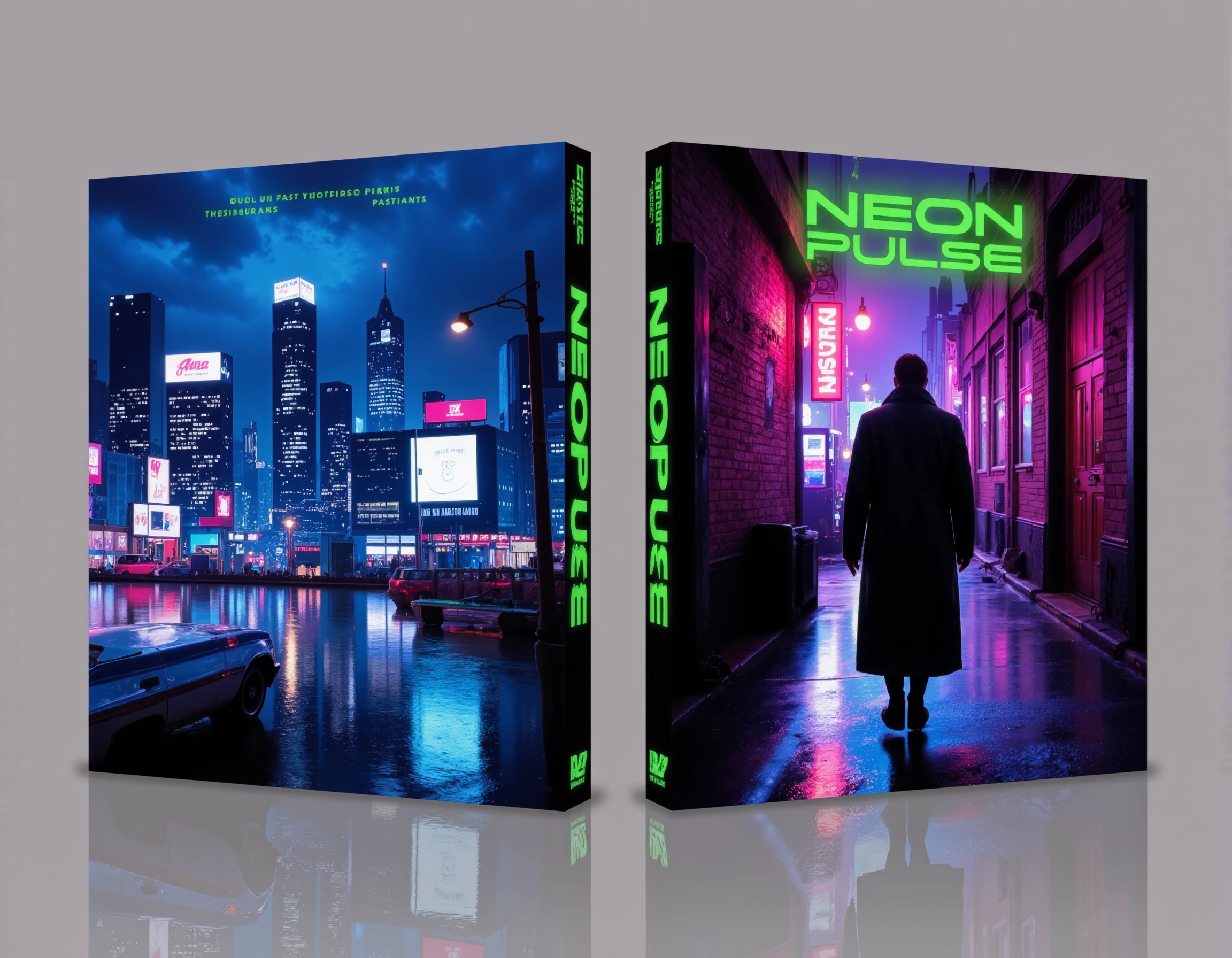 <lora:AntiBlur:3>, <lora:Steelbook_Blueray_Cover_Art:1>,  Steelbook_Blueray_Cover_Art, 
This image is a photograph of two Steelbook cases side by side, showcasing the artwork for the movie "Neon Pulse." The left case features a neon-lit cityscape at night, with towering skyscrapers and holographic billboards illuminating the dark sky. The right case shows a shadowy figure in a long trench coat, walking down a rain-soaked alley, with bright neon lights reflecting off the wet ground. Both cases are rendered in electric blues, purples, and pinks, with the title "Neon Pulse" glowing in bright green, futuristic lettering. The background is a plain, light grey. The Steelbook cases are placed on a reflective surface, which creates a mirrored effect of the cover art, highlighting the vivid artwork on the Steelbook cases.