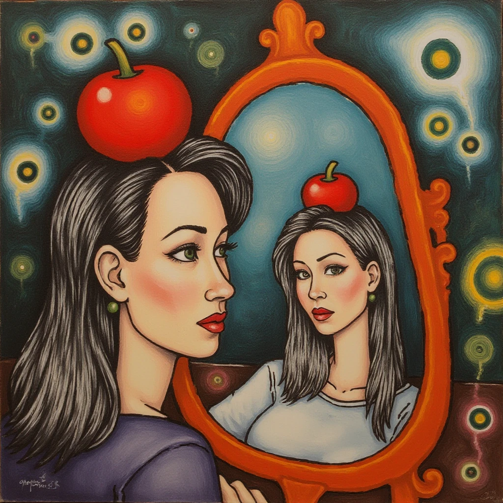 Abstract Surrealist cubist painting depicting a woman with green eyes and a red apple on her head looking at herself in the mirror. ,<lora:lucyliu_1990s_local_flux_1_standard-000039:1>