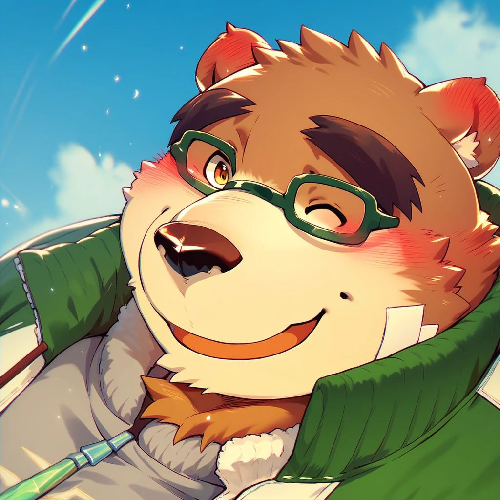 score_9, score_8_up, score_8, furry, Volos, bear, cartoon style, 2d, overweight male, glasses, green jacket, solo, upper body focus, looking at viewer, winking, blush, smile, blue sky background