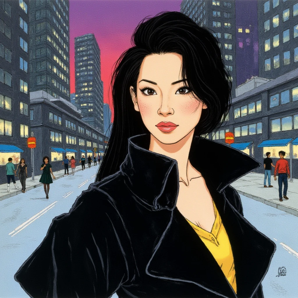 ((Retro 90s Anime style illustration)) drawing of a closeup on face of woman wearing a long black trench-coat futuristic city in the background in the style of the 90s anime Akira. ,<lora:lucyliu_1990s_local_flux_1_standard-000039:1>