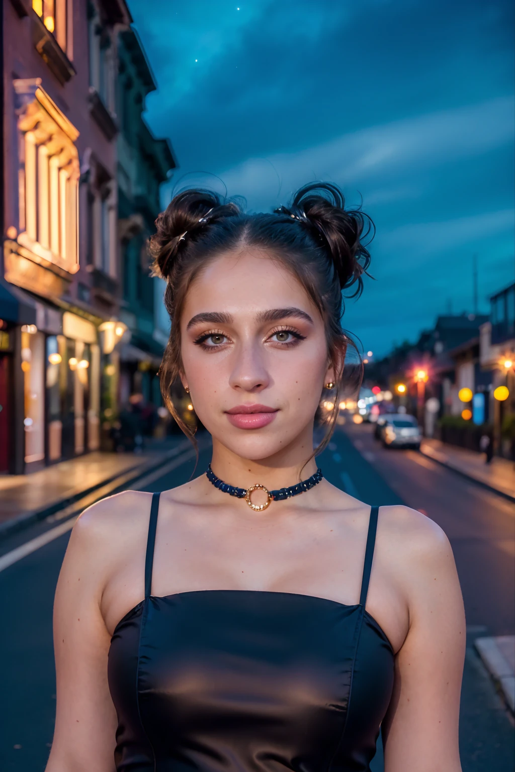 a ((portrait, upper body focus)) photograph of (1girl, 21 years old, slight smile, <lora:ZH_TateMcRae_v1SD15:0.9>, zh_tmcrae, solo, long hair, realistic, brown hair, looking at viewer, brown eyes, make up, hair updo) wearing (black dress),