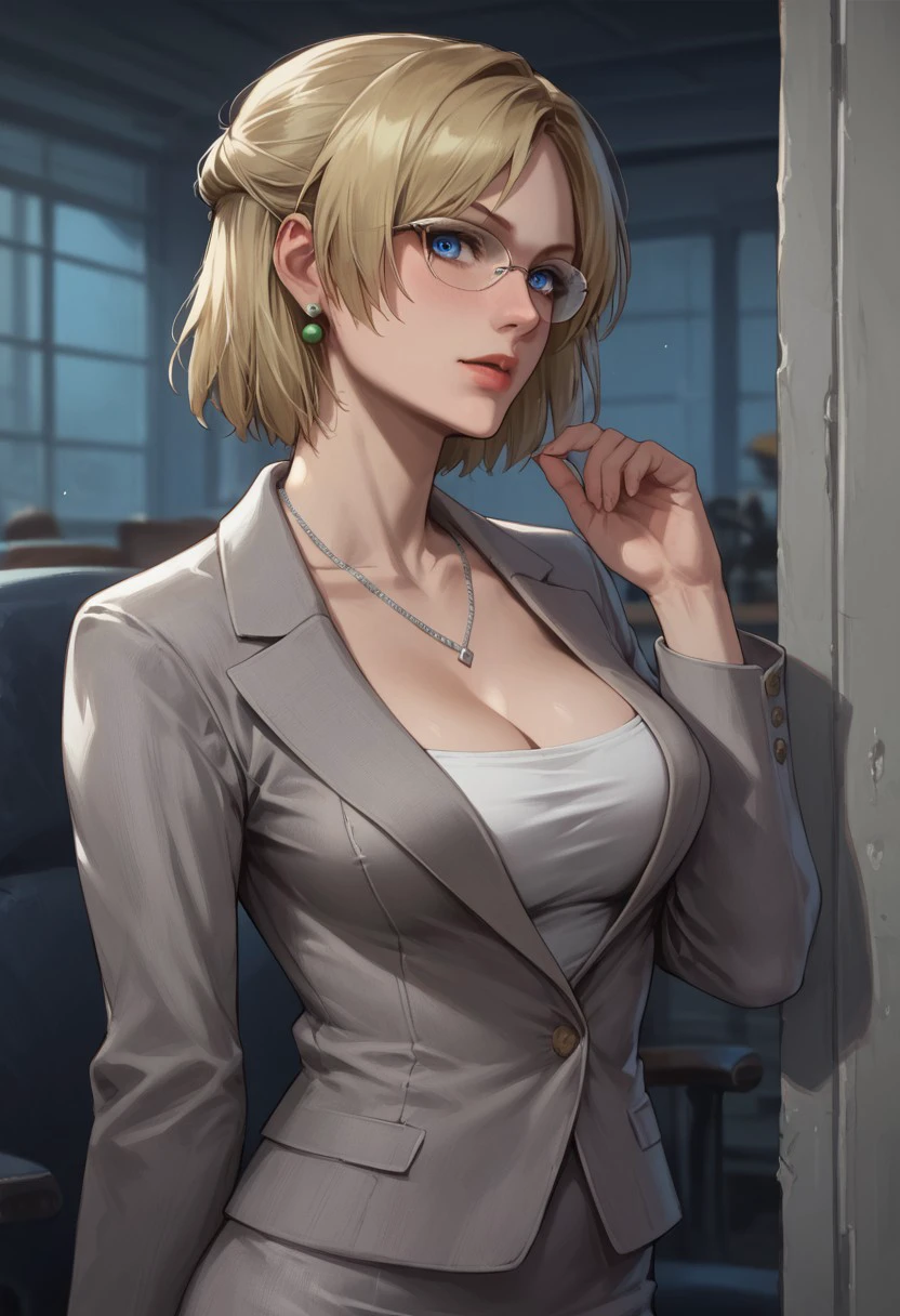 score_9, score_8_up, score_7_up, score_6_up, source_realistic, BREAK 1girl, solo, Jessie, Blonde, short hair, half updo, blue eyes, glasses, earrings, necklace, big breasts, grey suit jacket, grey skirt, white shirt