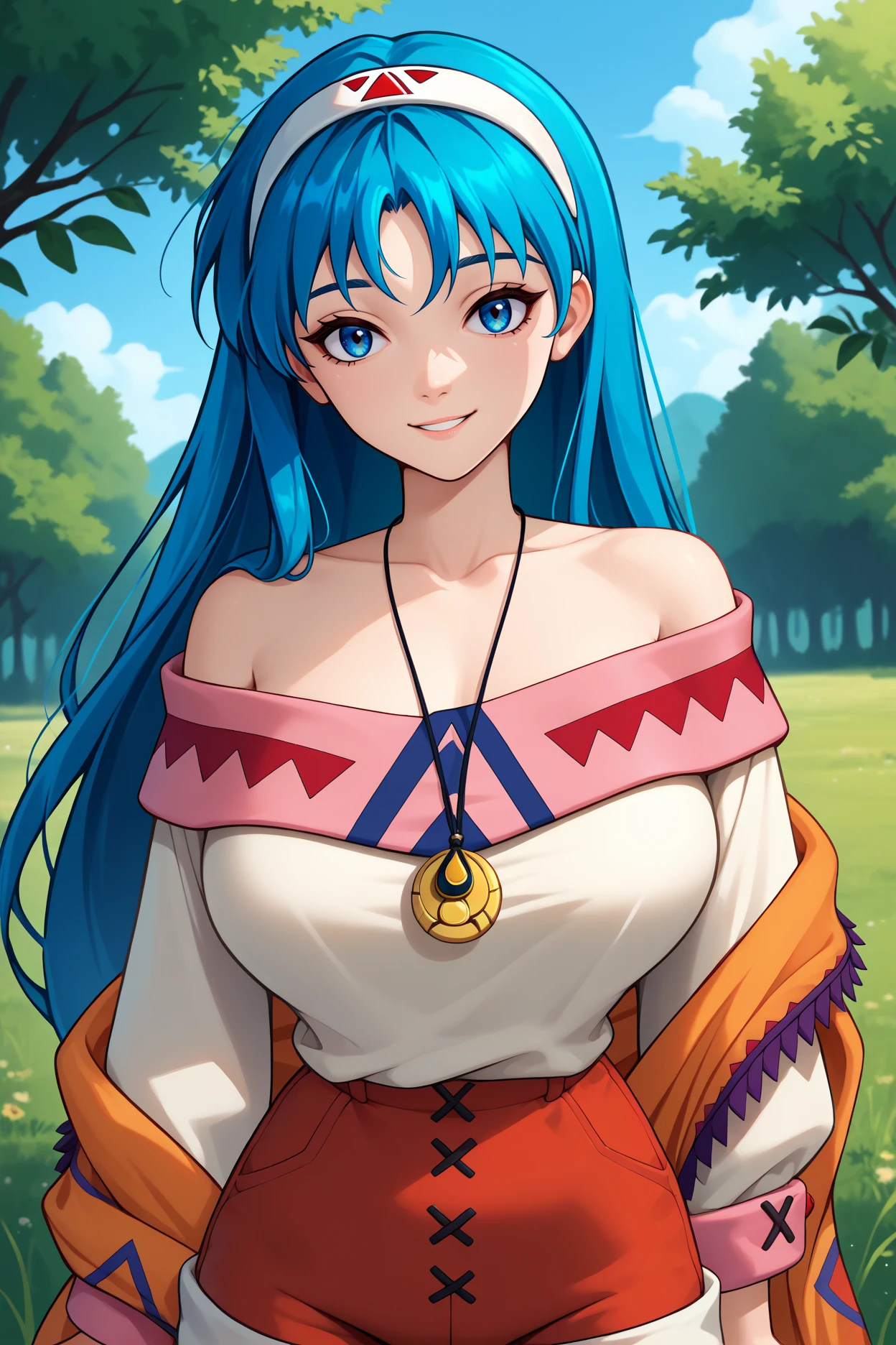 score_9, score_8_up, score_7_up, score_6_up, source_anime, 1girl, solo, <lora:l2lucia-pdxl-nvwls-v1-000005:1> l2luc, blue hair, long hair, blue eyes, hairband, pendant, off-shoulder shirt, white shirt, long sleeves, bare shoulders, orange shawl, red shorts, big breasts, looking at you, smile, blue sky, field, forest, upper body, portrait