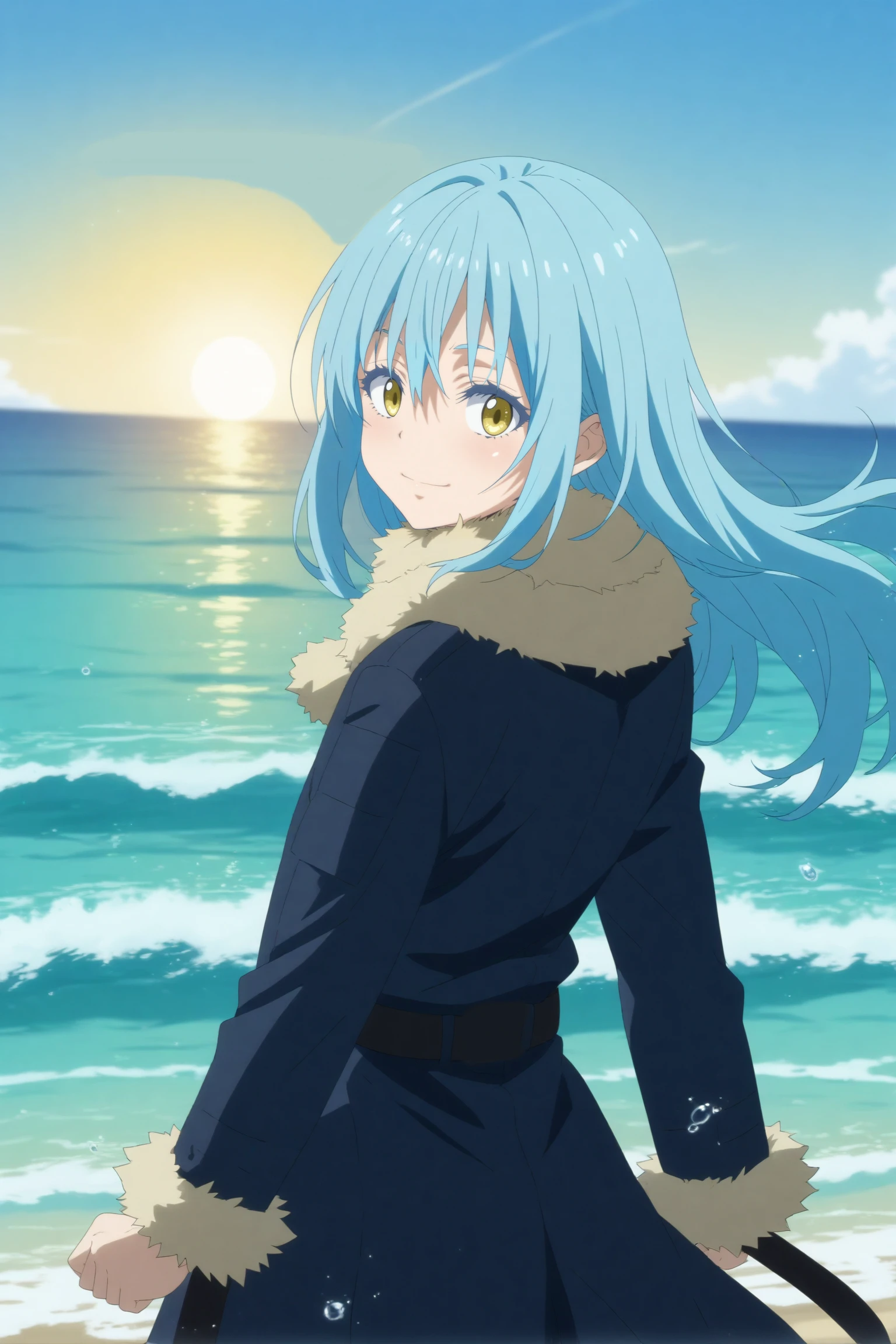 1girl,solo,rimuru,long hair,smile,bangs,hair between eyes,closed mouth,looking at viewer,fur collar,fur trim,black belt, black coat, coat, belt buckle,sea,tsunami,huge wave behind her,blue sky,sun,sea,from behind,pose <lora:Rimuru_-_Tensei_Shitara_Slime_Datta_Ken.safetensors:0.8> 