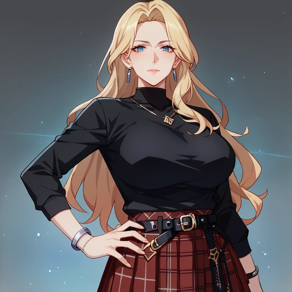 score_9_up, score_8_up, score_7_up, 1girl, solo, upper body, standing, looking at you, hand on hip, blonde hair, long hair, blue eyes, black shirt, plaid skirt, pleated skirt, red skirt, black belt, bracelet, mature body, dynamic cowboy shot, grey background,