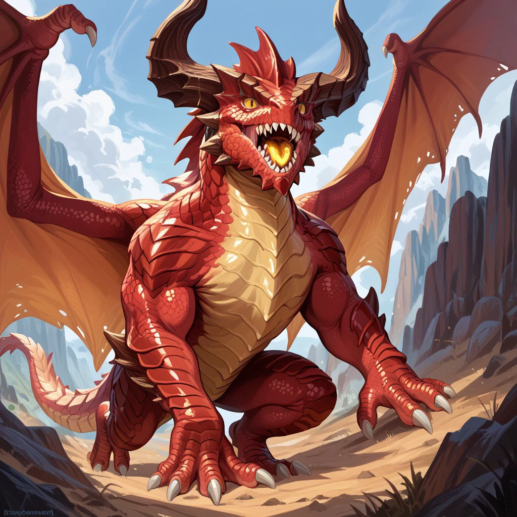 Red dradon ,dnd_dragon no humans wings dragon horns tail cloud scales monster sharp teeth claws teeth sky open mouth giant mountain yellow eyes solo spikes score_9 score_8_up score_7_up score_6_up score_5_up score_4_up no humans