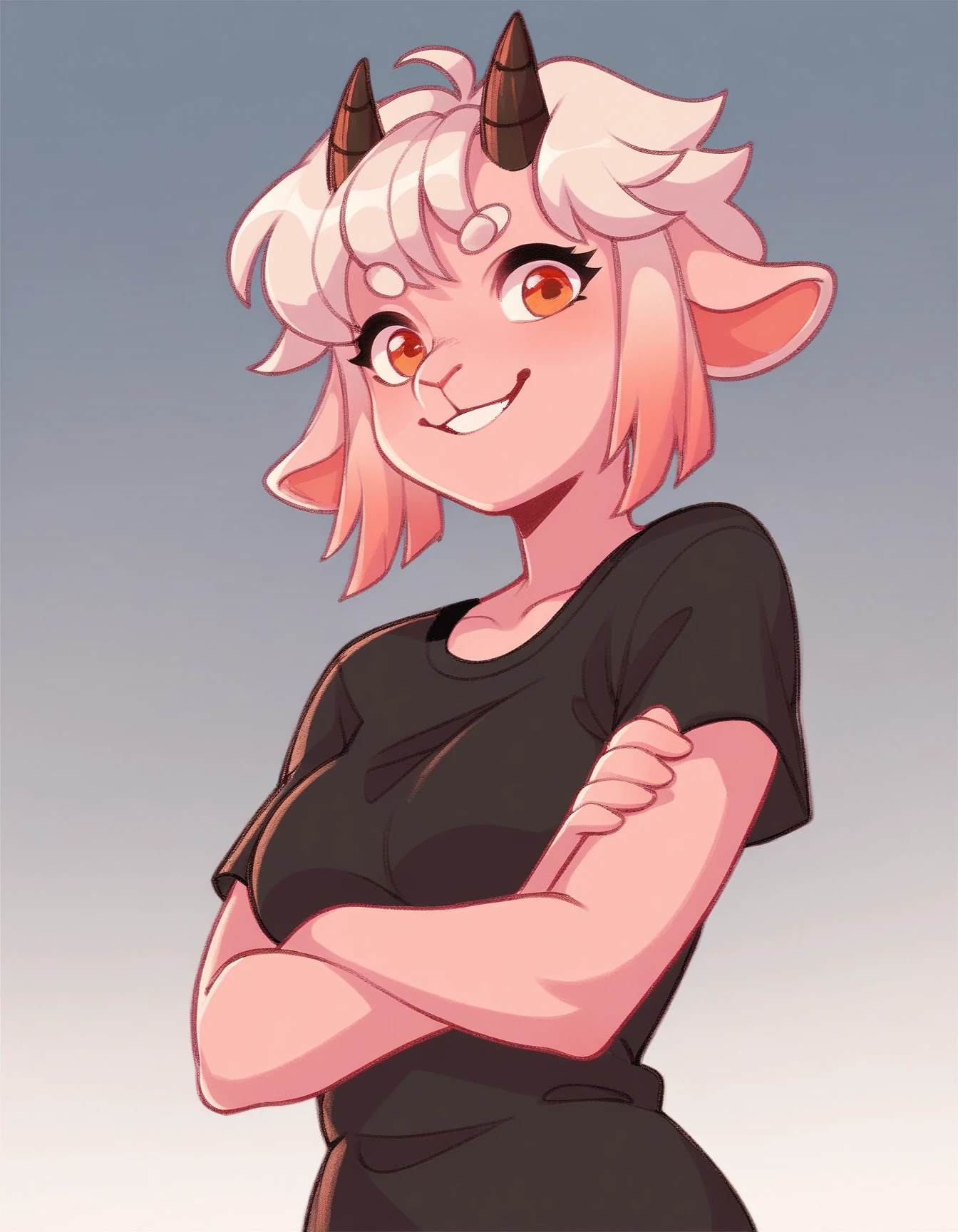 score_9, score_8_up, score_7_up, score_6_up, score_5_up, score_4_up
Eiko, white hair, girl, pink fur, orange eyes, goat horns, black T-shirt, gradient background, smile, looking at viewer, crossed arms, facing the viewer
 <lora:Eiko_XL:0.9>