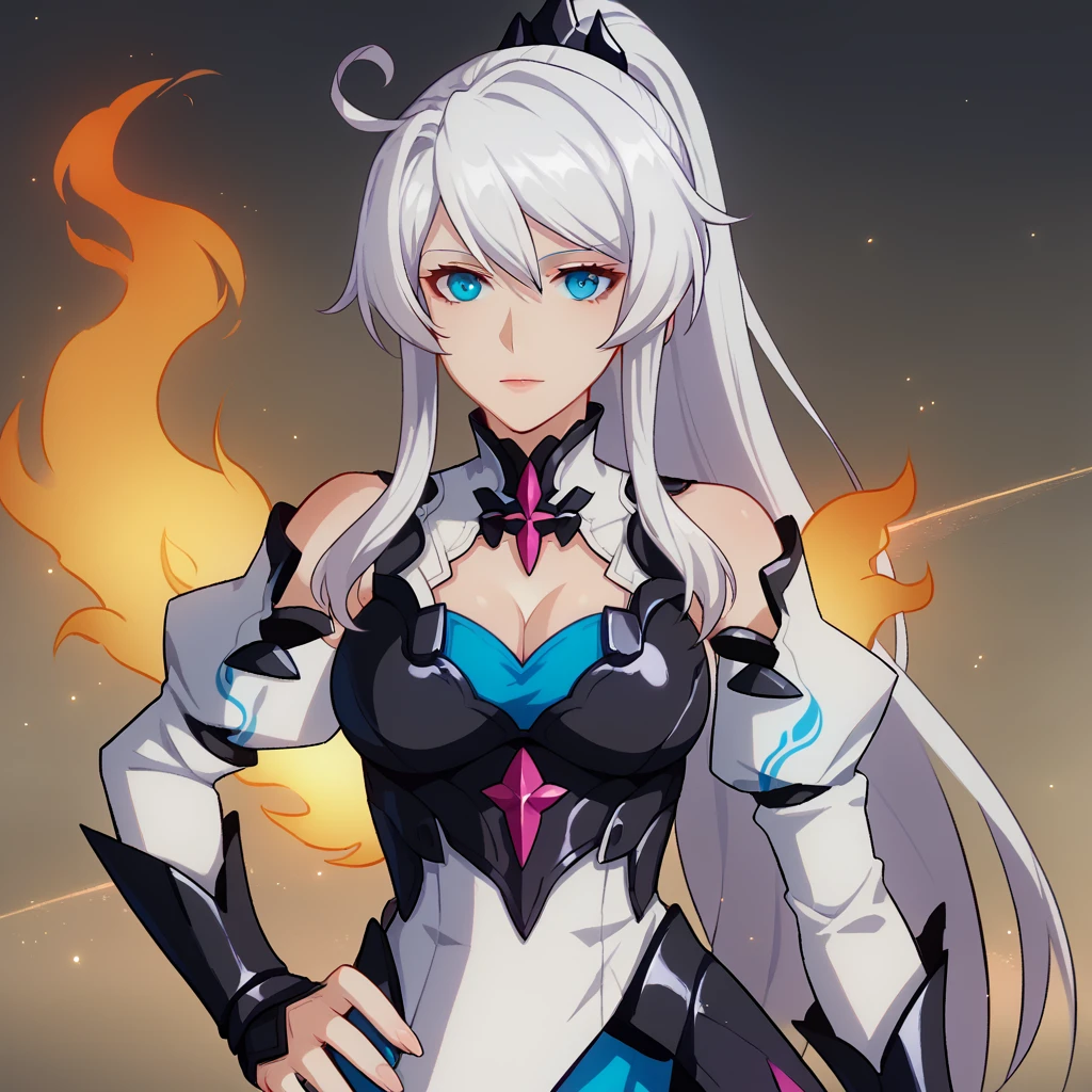 score_9_up, score_8_up, score_7_up, 1girl, solo, upper body, standing, looking at you, hand on hip, kiana kaslana, flames, white hair, long hair, high ponytail, blue eyes, armored dress, white dress, cleavage, detached sleeves, long sleeves, white sleeves, mature body, dynamic cowboy shot, grey background,