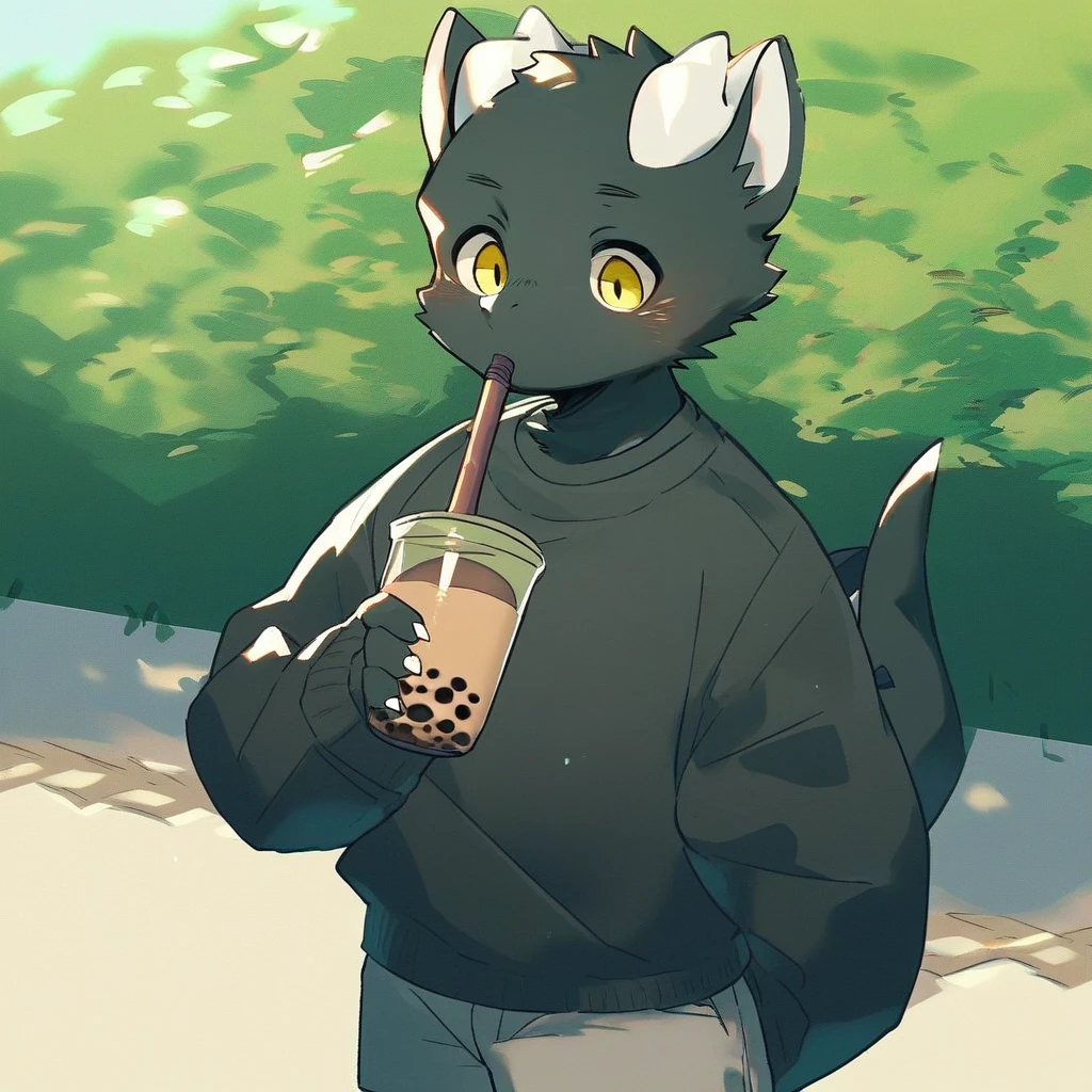 score_9_up, score_8_up, score_7_up, source_furry, mikus-wieneko138226, black dragon, black body, white horns, yellow eyes, park, holding, bubble tea, black sweater, gray shorts, 1boy, solo