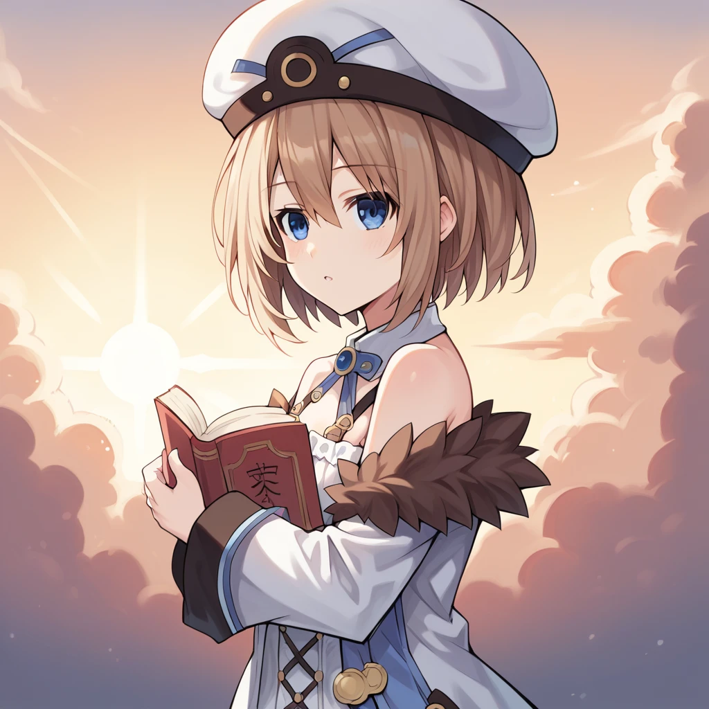 score_9_up, score_8_up, score_7_up, source_anime, 1girl, solo, BlancCPU, BlancOne, Bla_Def, sun light, standing, hugging book, upper body, face focus, from side, angled shot, parted lips, looking at you, blanc (neptune series), brown hair, short hair, blue eyes, hat, white headwear, white dress, strap dress, shoulder straps, pleated dress, pleated skirt, white skirt, detached collar, fur trim, off-shoulder coat, two-tone coat, blue coat, white coat, fur-trimmed coat, very long sleeves, wide sleeves, bare shoulders, dynamic cowboy shot, outdoors, sky clouds background