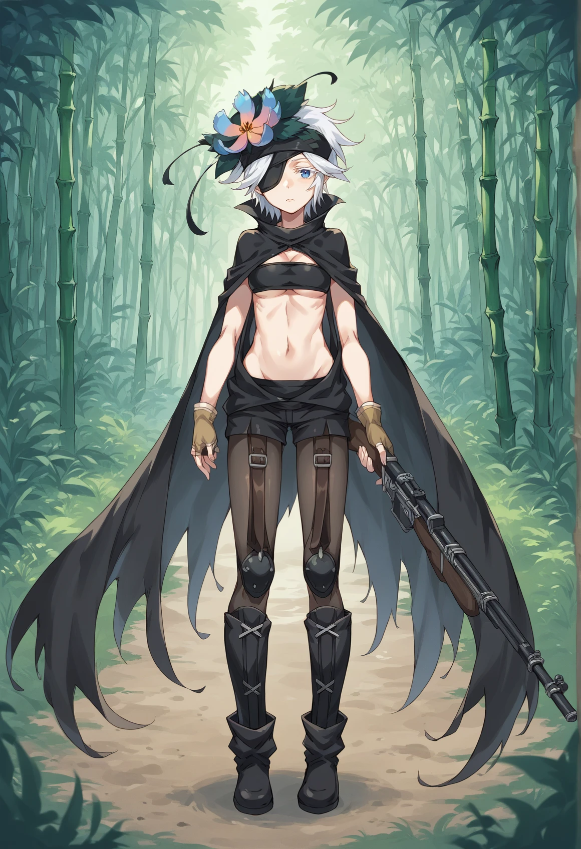 1girl, short hair, white hair, colored eyelashes, blue eyes, hairband, eyepatch, hair flower, sweater, clothing cutout, center opening, tube top, asymmetrical gloves, fingerles gloves, shorts, pantyhose, chaps, strap, knee pads, thigh boots, outdoors, bamboo forest, hodling rifle, cape, collar, <lora:Flamie_rokka:1>, score_9, score_8_up, score_7_up, score_6_up, score_5_up, score_4_up, BREAK source_anime, masterpiece