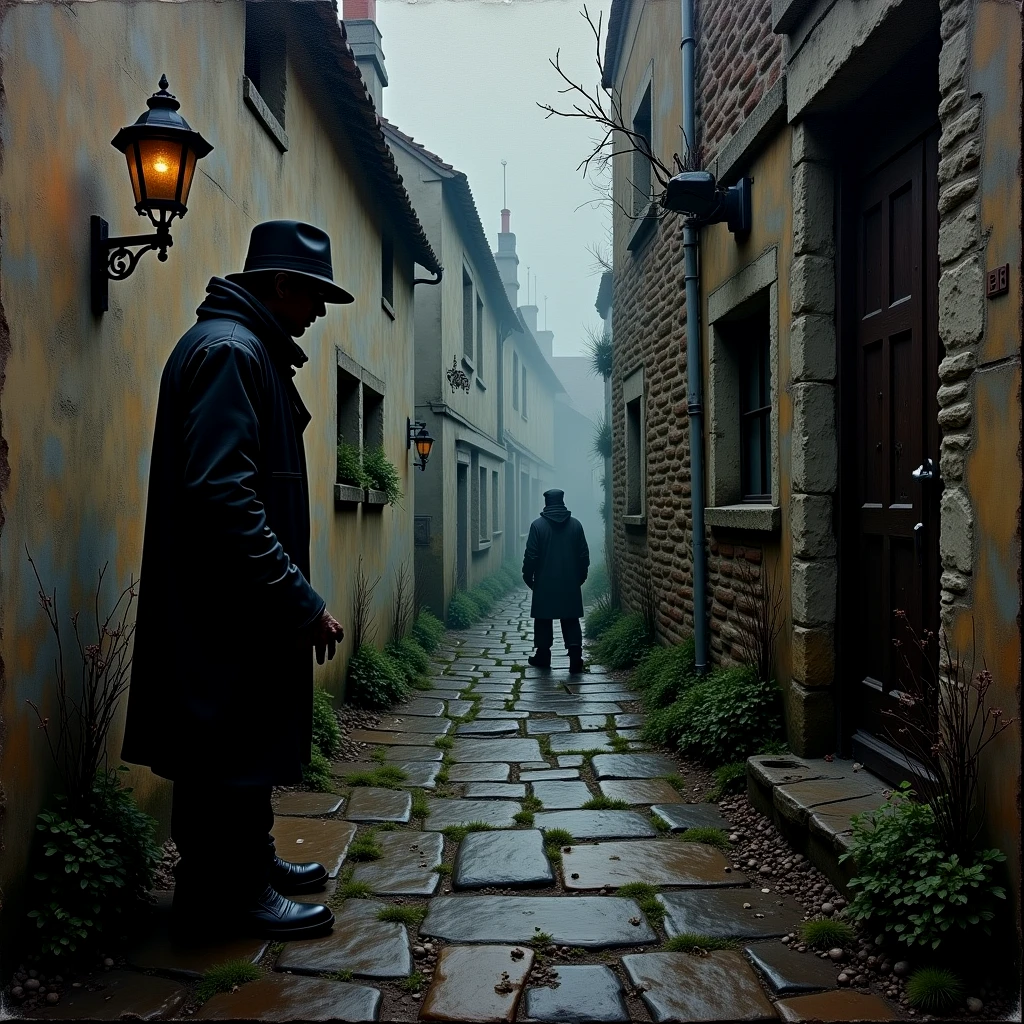 Painting of a thief in an alley. Dark, malevolent. Cobblestone. Moss. Misty.

rmbrnksyCE style