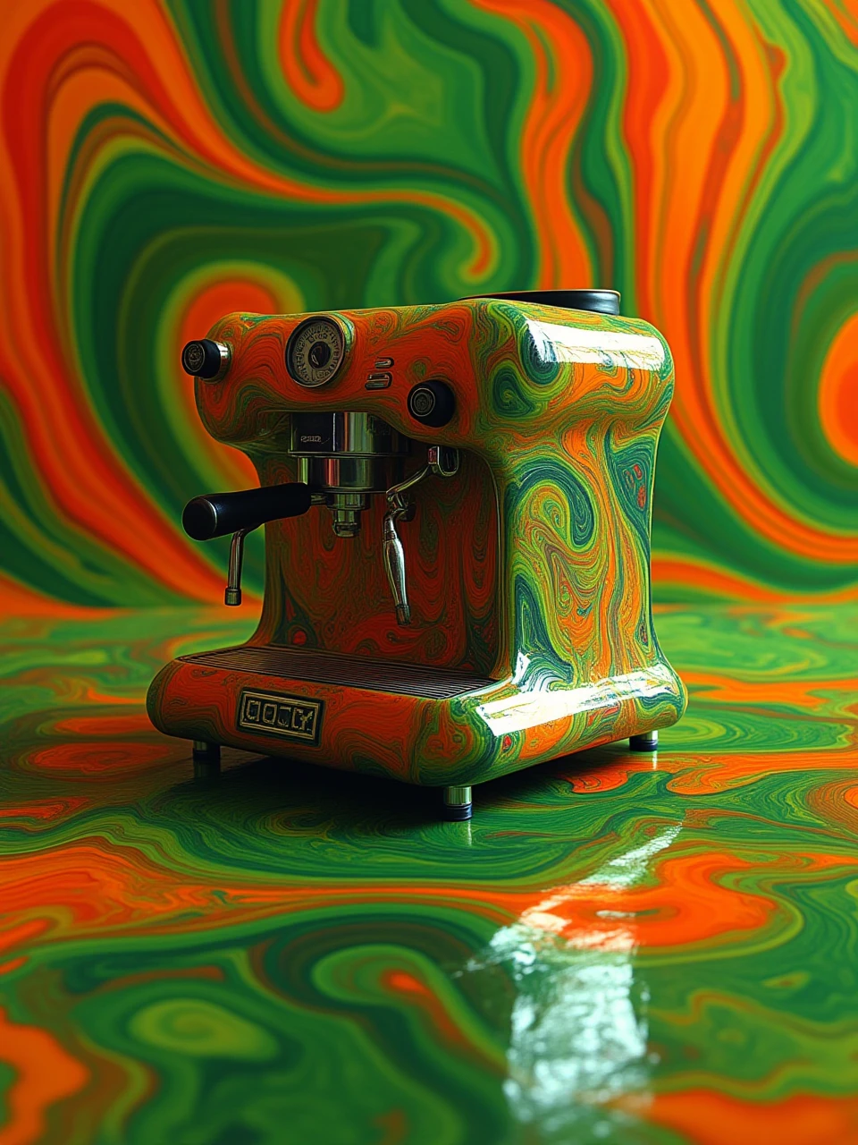 acid-g-style,a coffee machine on table,psychedelic colour of green and  red and yellow,flow reflection,