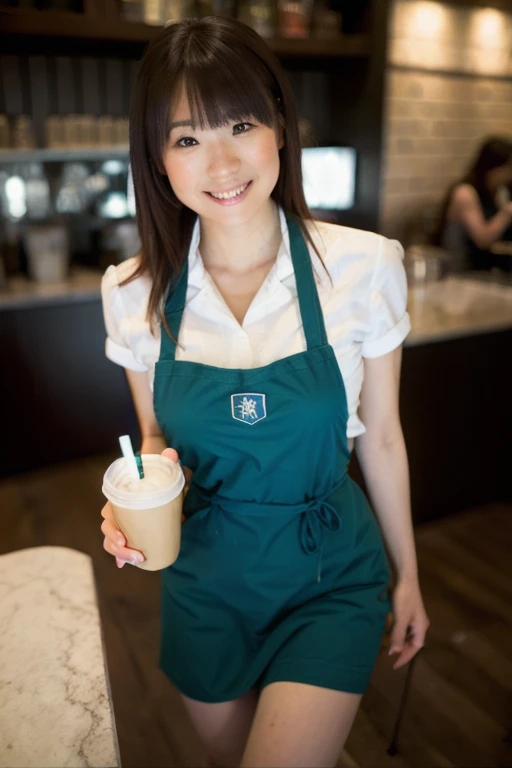 masterpiece, best quality, ultra high res, ultra detail, realistic, photorealistic, ultra realistic, professional lighting, depth of field, looking at viewer, (hikari:1.2), 1girl, solo, 3d, dynamic pose, dynamic angle, extreme detailed face, smile, brown eyes, brown hair, long hair, medium breasts, skinny body, starbucks apron, indoor, coffee shop, behind the counter, holding coffee cup in hand, <lora:starbucks_apron_v0.2:0.8>