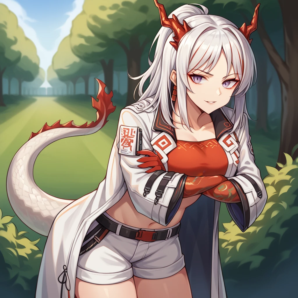 score_9_up, score_8_up, score_7_up, source_anime, 1girl, solo, NianArk, Ni_Def, trees, bushes, standing, leaning forward, naughty smirk, crossed arms, face focus, parted lips, looking at you, nian (arknights), purple eyes, white hair, red hair, streaked hair, horns, dragon tail, red tube top, coat, white coat, midriff, navel, white shorts, short shorts, black belt, long sleeves, white sleeves, wide sleeves, bandeau, open coat, red gloves, elbow gloves, fingernails, mature body, dynamic cowboy shot, outdoors, park background