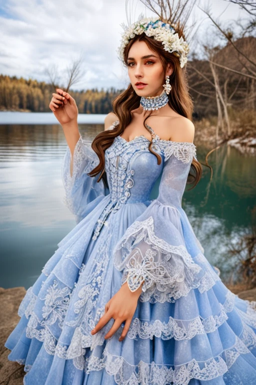 (masterpiece, best quality:1.2),illustration,8k,hd,1 girl,very long hair,solo,(collarbone:1.2),looking at viewer,
Diana,blue dress,jewelry,earrings,lace,lace trim,hair ornament,choker,long sleeves,((cleavage)),big breasts,outdoors,(day, lake:1.5),extremely detailed dress,crystalstexture skin,front view,<lora:dandyg XL:1.5>,