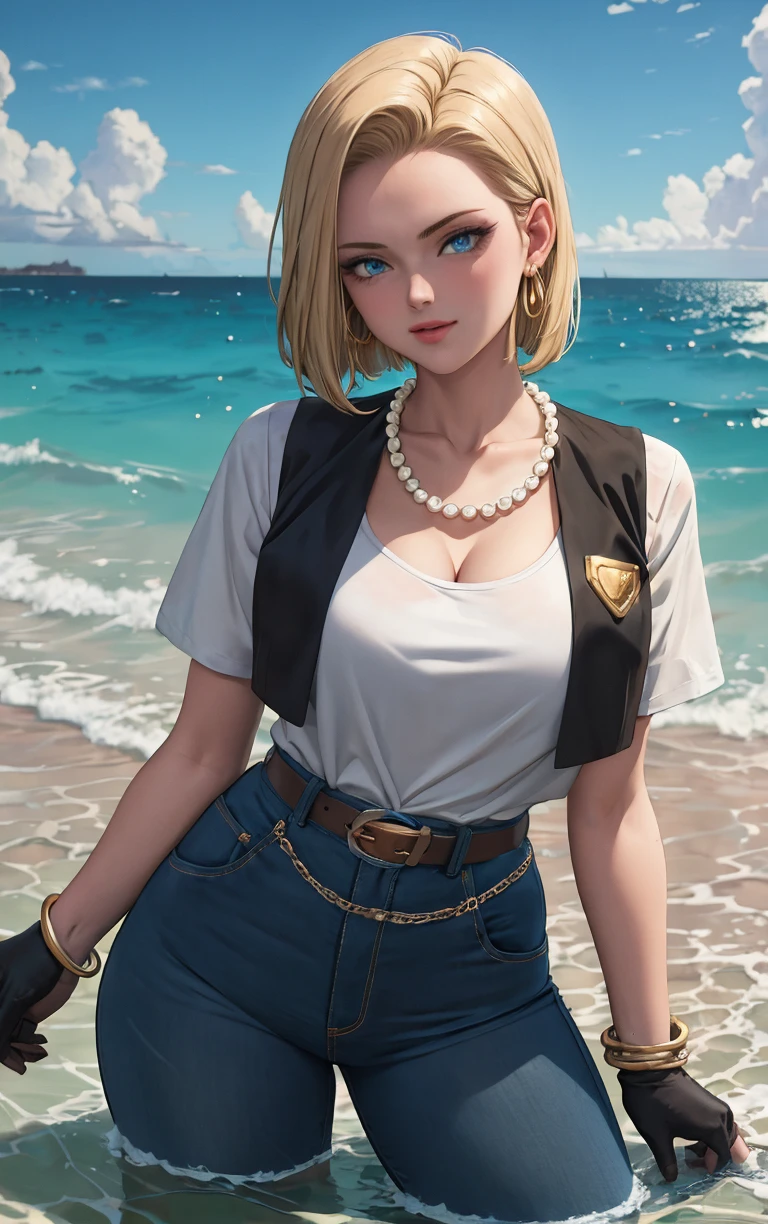 (masterpiece, best quality:1.4), insaneres, absurdres, solo, looking at viewer,BREAK 
BlackJacket_Android18_ownwaifu, android 18, 
1girl, blonde hair, blue eyes, eyelashes, forehead, short hair, jewelry, pearl necklace, earrings, bead necklace, collarbone, breasts, beads, necklace, chain, medium breasts, bangs, hoop earrings, straight hair,
black vest, blue pants, black belt, vest, short sleeves, white shirt, black gloves, denim, jeans, belt, pants, bracelet, high-waist pants, cleavage, fingerless gloves, 
(wading, beach), head tilt, sidelighting, ocean, sky, water, caustics, cowboy shot, <lora:ANIME_DragonBall_Android18_ownwaifu:0.8> , depth of field, solo,