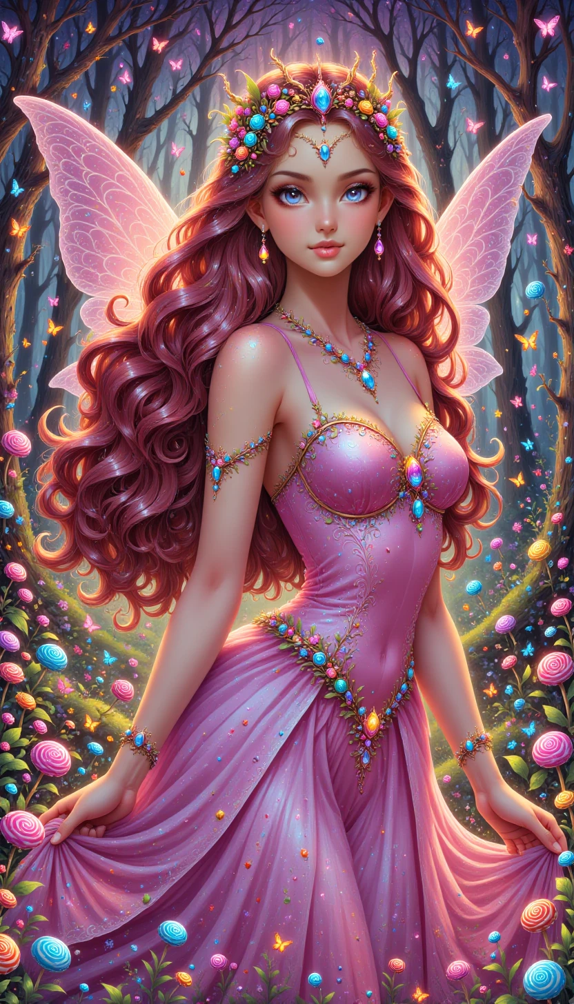 p1nkcut3c4ndy, candies,a fairy queen, with flowing hair, ornate jewelry, and a background of swirling, organic patterns