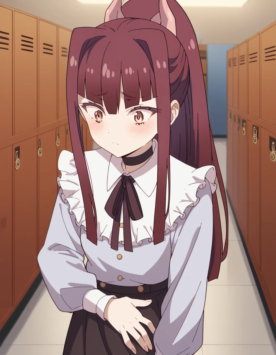 score_9, score_8_up, score_7_up, source_anime, <lora:mayonakapunch-yuki-s1-ponyxl-lora-nochekaiser:1>, yuki, long hair, bangs, brown hair, brown eyes, horns, ponytail, blunt bangs, medium breasts,, skirt, shirt, long sleeves, white shirt, black skirt, frills, choker,, school hallway, lockers, between classes, everyday life, , , hand on stomach, blush,, solo,, cowboy shot, dutch angle