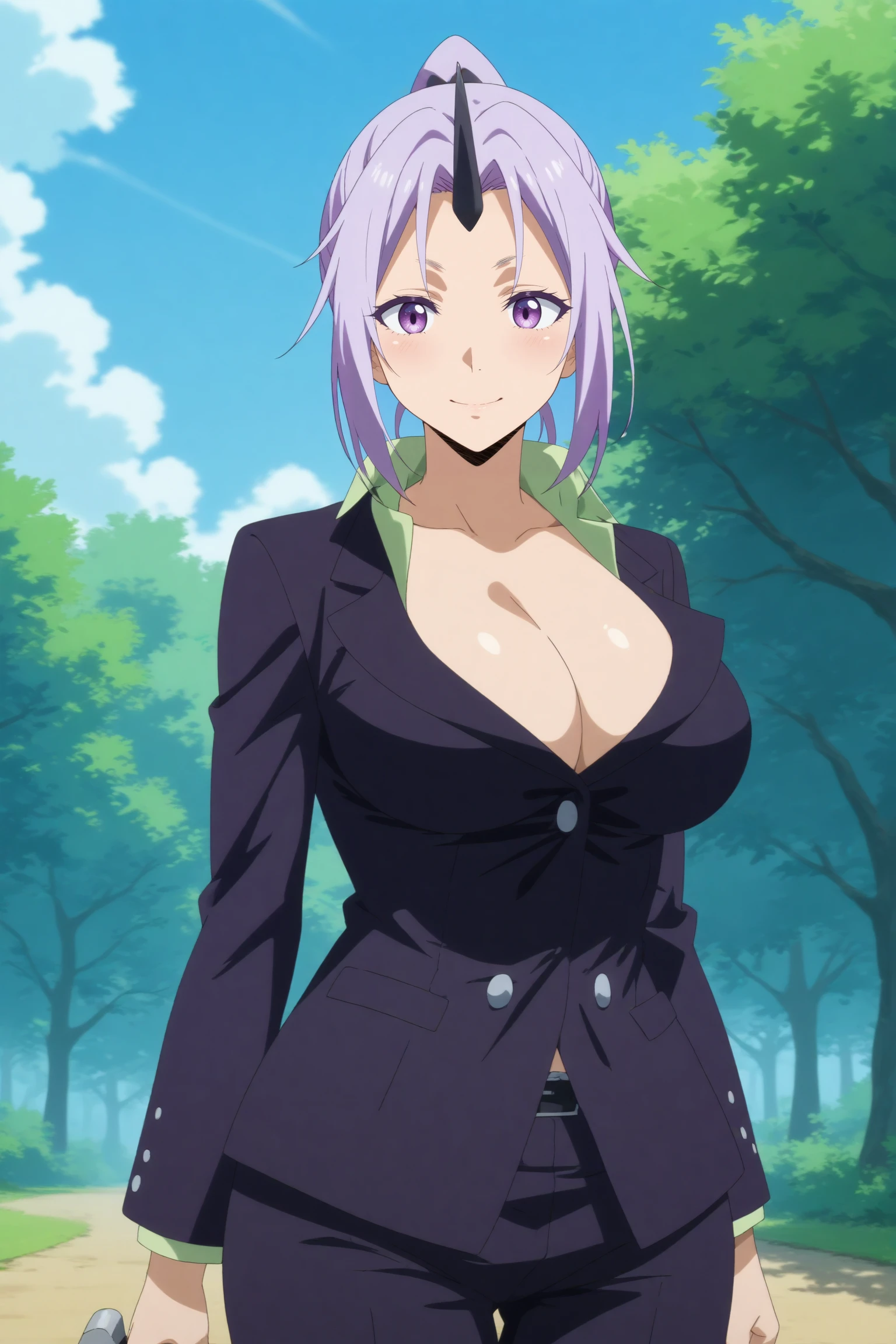 1girl,solo,mature,shion,horns,breasts,single horn,cleavage,oni horns,large breasts,shirt,ponytail,buttons, jacket, bangs, long sleeves, parted bangs, smile, blue sky, cloud, looking at viewer,forest,cowboy shot,upper body <lora:Shion_-_Tensei_Shitara_Slime_Datta_Ken.safetensors:0.8> 