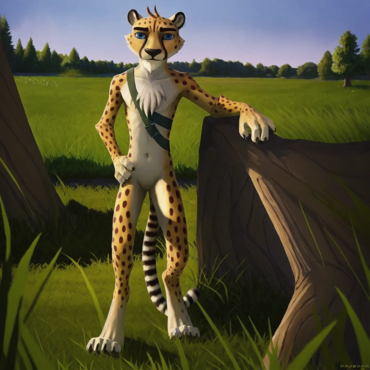 hunter, cheetah, male, yellow fur, blue eyes, eyebrows, spotted fur, long tail, white fur, chest tuft, anthro, solo, solo focus, full-length portrait, outside, grass, field, sky, trees, front view, standing, pose, claws, toe claws, rating:safe, nude <lora:Hunter_Lora:0.6>