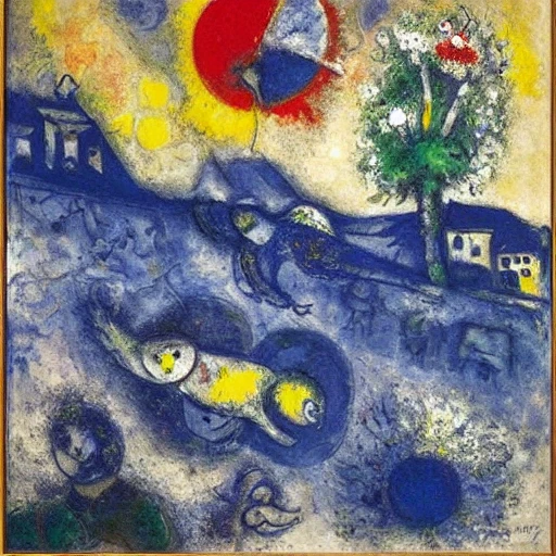 <lora:Chagall-10:1>, Chagall, A serene coastal landscape at sunset.