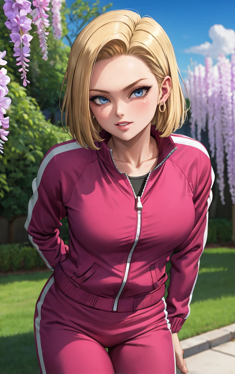 (masterpiece, best quality:1.4), insaneres, absurdres, solo, looking at viewer,BREAK 
TrackSuit_Android18_ownwaifu, android 18, 
1girl, blonde hair, blue eyes, eyelashes, forehead, short hair, earrings, jewelry, breasts, collarbone, 
pink jacket, pink pants, track suit, track jacket, track pants, long sleeves, pants, zipper,
(leaning forward, arms behind back), cowboy shot, garden, wisteria, outdoors, <lora:ANIME_DragonBall_Android18_ownwaifu:0.85> , depth of field, solo,