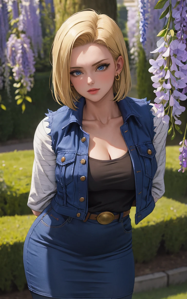 (masterpiece, best quality:1.4), insaneres, absurdres, solo, looking at viewer,BREAK 
MainOutfit_Android18_ownwaifu, android 18, 
1girl, blonde hair, blue eyes, eyelashes, forehead, short hair, earrings, jewelry, collarbone, breasts, medium breasts, straight hair,
denim jacket, long sleeves, blue jacket, vest, striped sleeves, blue skirt, belt, denim skirt, black shirt, black pantyhose, torn sleeves, brown belt, striped, pencil skirt, cleavage, pants, sleeveless jacket,
(leaning forward, arms behind back), cowboy shot, garden, wisteria, outdoors, <lora:ANIME_DragonBall_Android18_ownwaifu:0.85> , depth of field, solo,