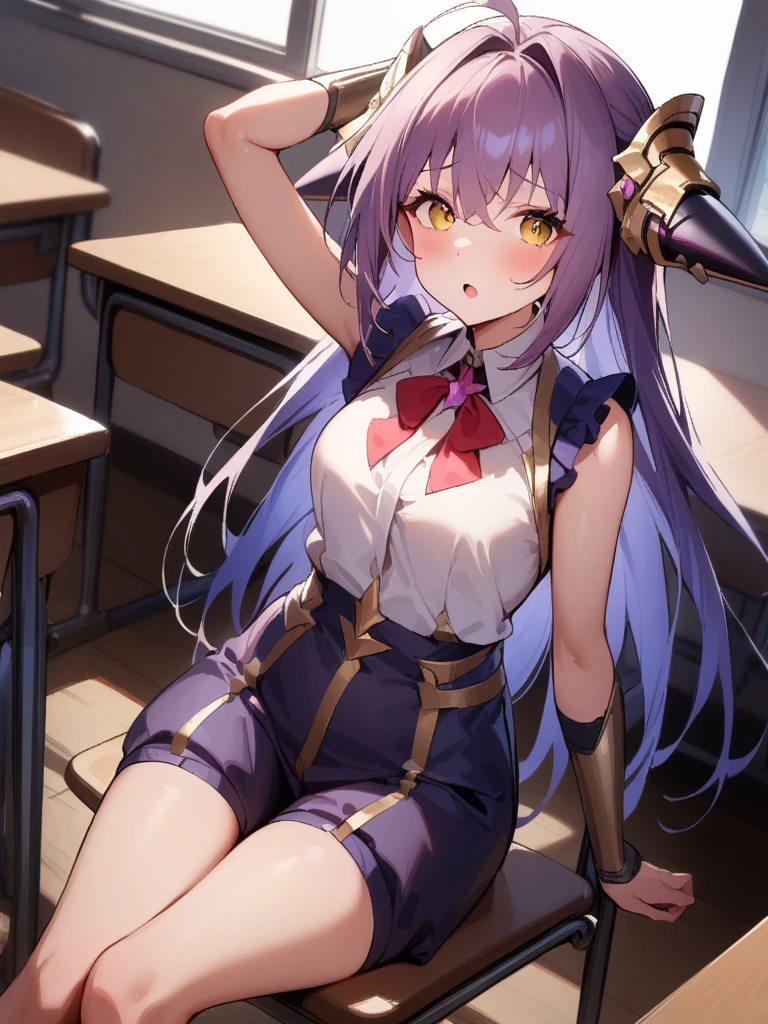 aenea(sv),1girl,solo,,indoor,classroom,arm_up,sitting,chair,adapted_uniform,<lora:aenea-000010:1>, masterpiece, best quality, very aesthetic, absurdres